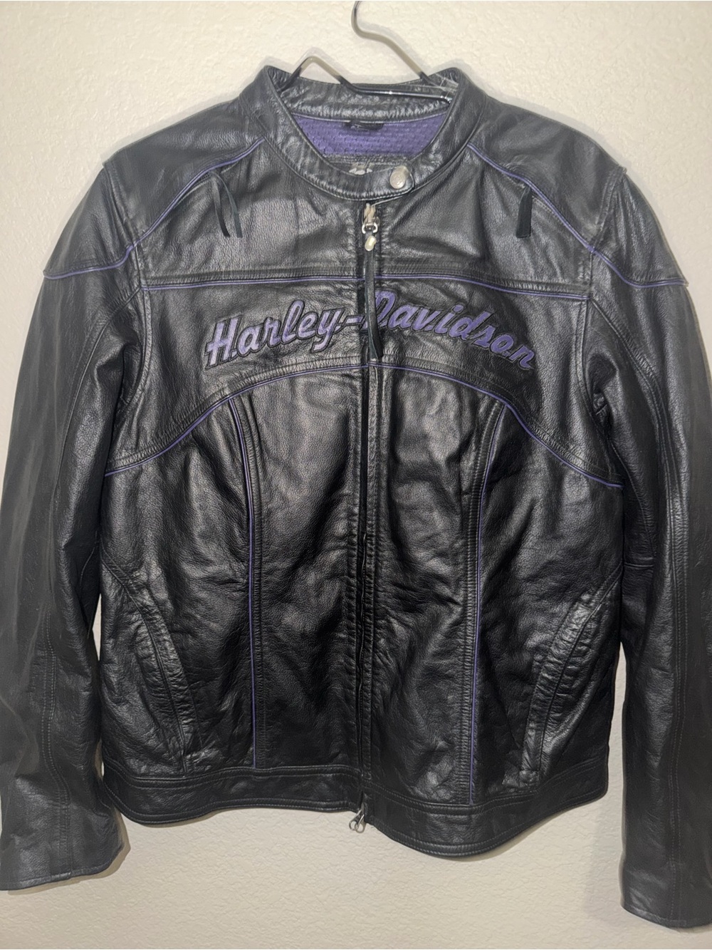 Harley-Davidson Black Leather Bomber Jacket with Purple Accents